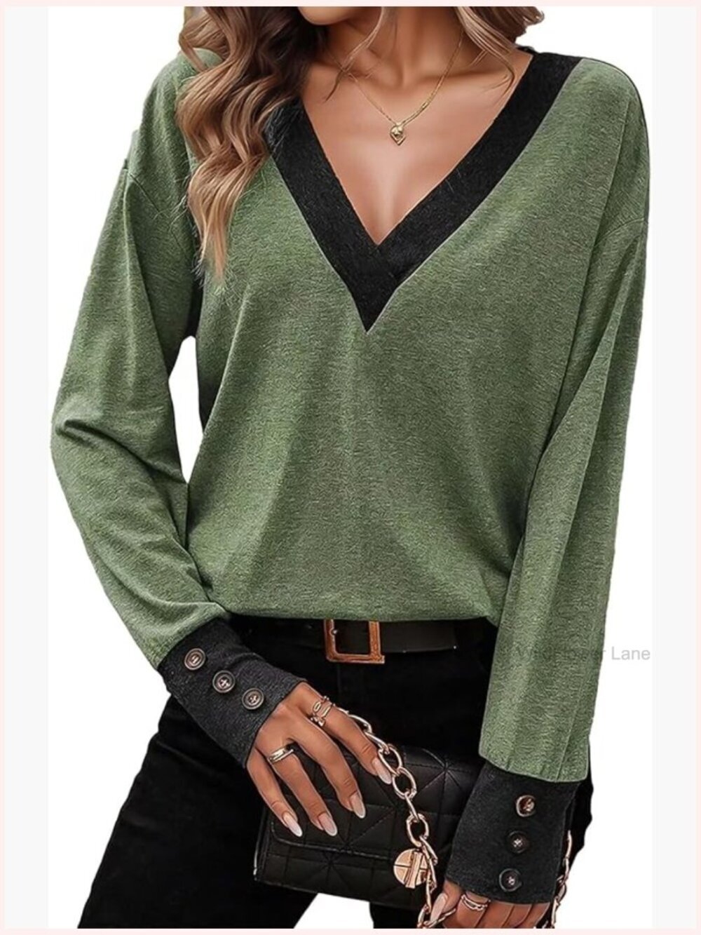 V Neck Two Tone Blouse Long Sleeve Button Cuff Dressy Casual Fall Top